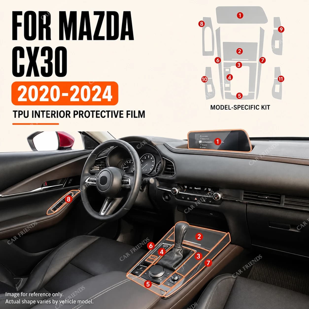 For Mazda CX30 2020-2024 Transparent TPU Interior Protective Film for Center Console Gear Panel Navigation Screen
