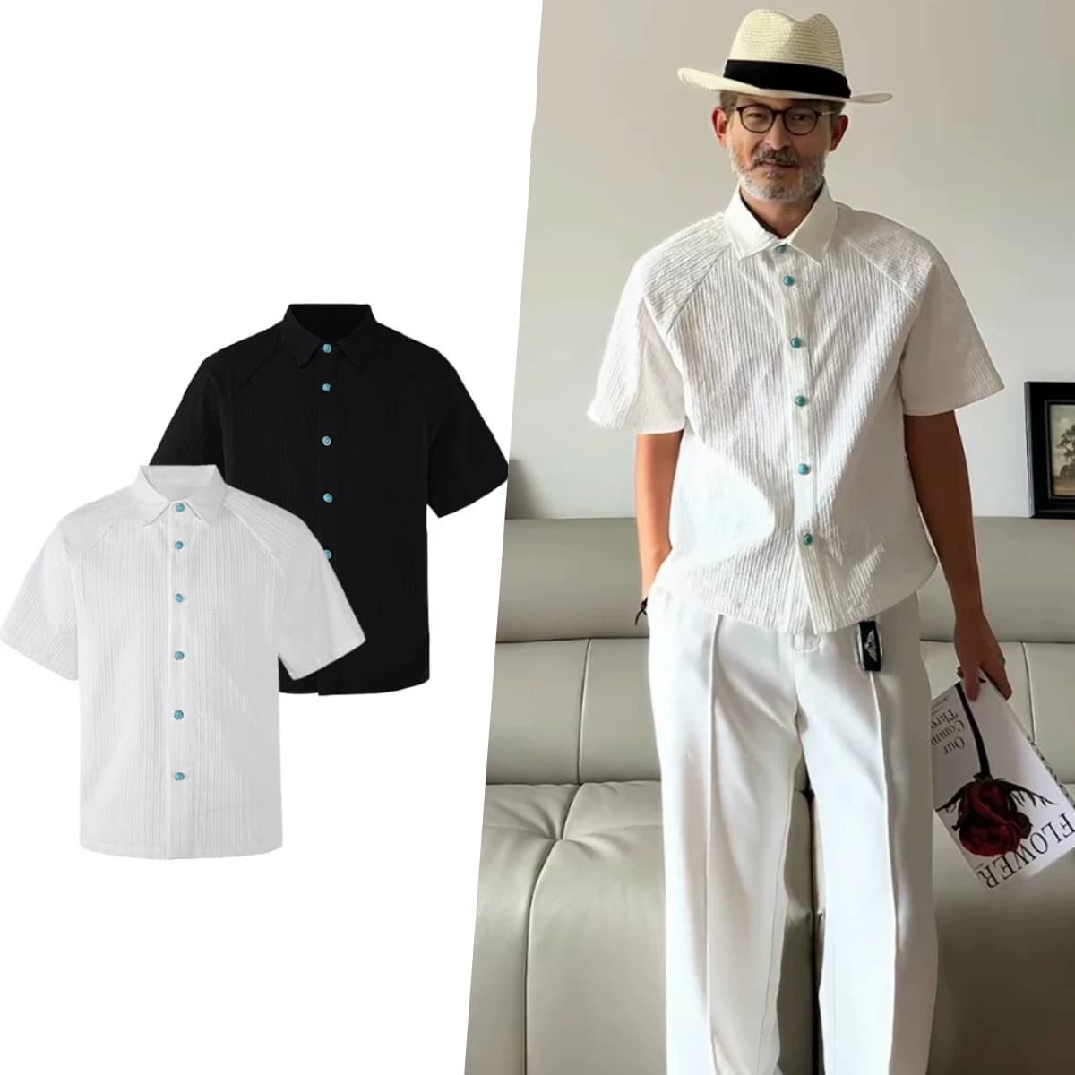 men's shirts Short sleeved shirt with turquoise buttons cool and breathable shirt Men's clothing with many Korean reviews