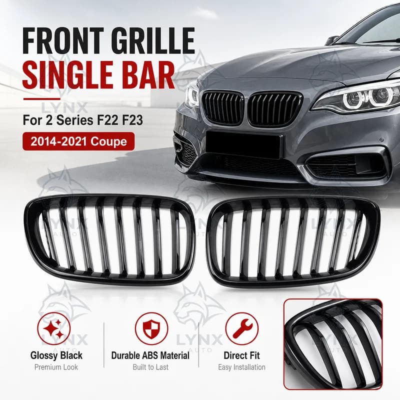 Single Line Glossy Black Single Bar Front Grille For BMW 2 Series F22 F23 2014-2021 Coupe Aftermarket Car Styling