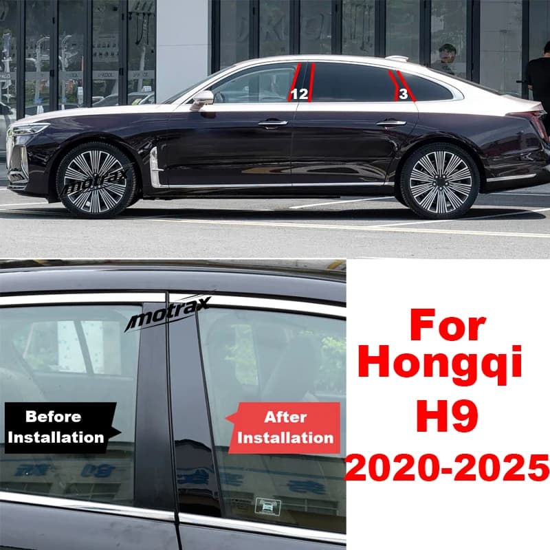 6PCS Auto Window Decal Pillar Posts Sticker Cover Door Trim Car Accessories Glossy Black Fit For Hongqi H9 2020-2025