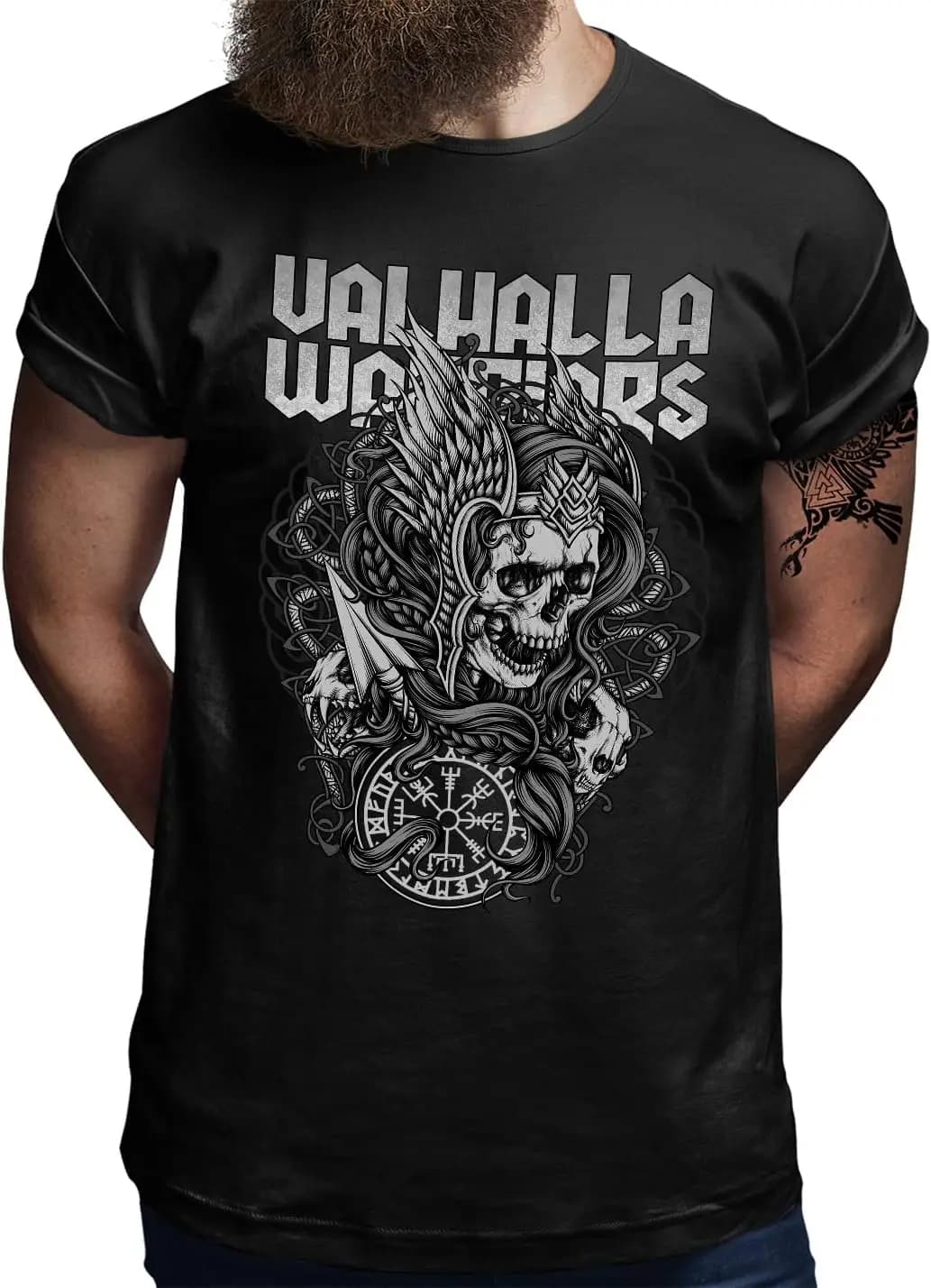 Norse Compass Vegvisir Rune Valhalla Nordic Warrior Skull T-Shirt 100% Cotton O-Neck Short Sleeve Summer Casual Mens T-shirt