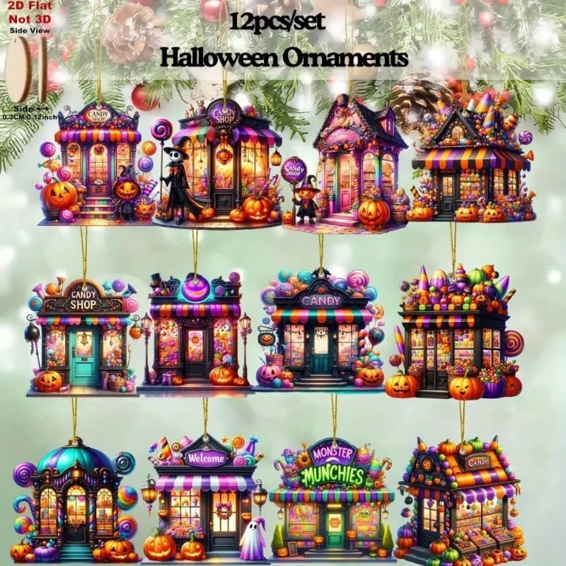 12Pcs 2D Flat Halloween Candy House Wooden Ornament – Day of Dead Double Festival Pendant