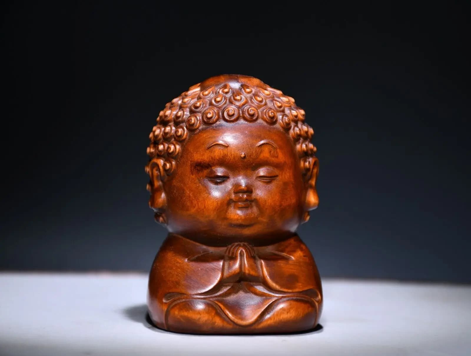 1.8" Chinese Box-wood Hand Engraving Lovable Buddhism Buddha Statue