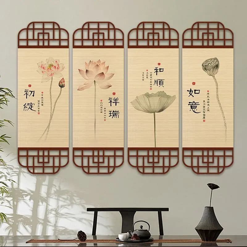 Zen Lotus Bamboo Scroll Wall Tapestry, Handmade Canvas Art for Living Room Tea Room Background, Aesthetic Room Decor