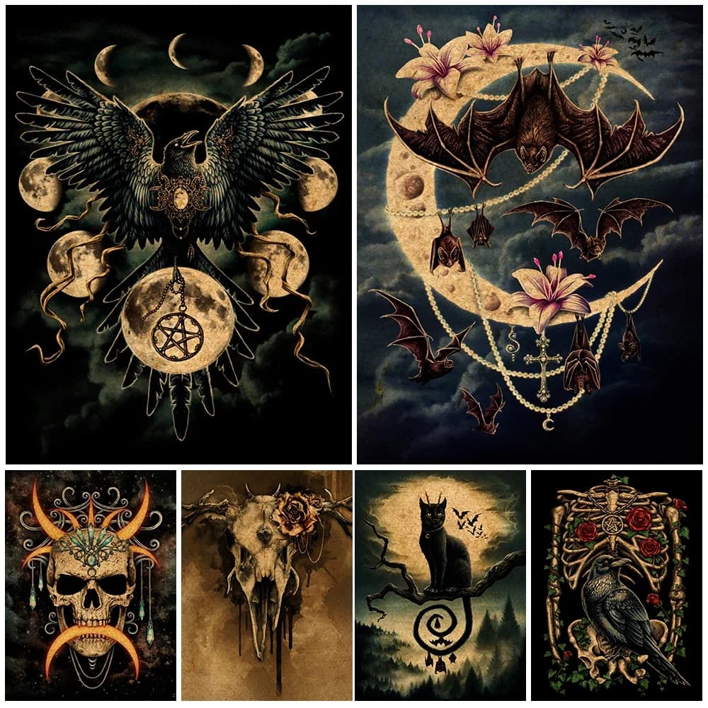 Gothic Bat Black Cat Skeleton Art Poster And Prints Witch Night Curse Wall Art Canvas Painting For Living Room Decor Unframed