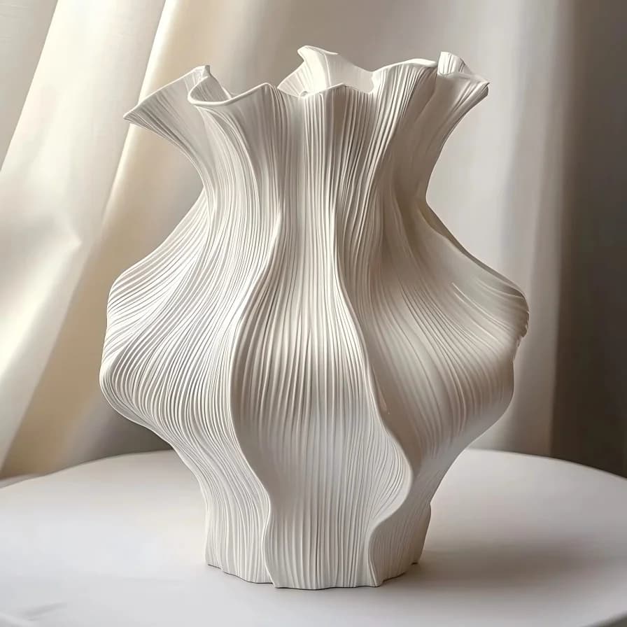 Nordic Minimalist White Textured Ceramic Vase 3D Wave Pattern Tabletop Decor Flower Vase for Living Room Bedroom Dried Flowers