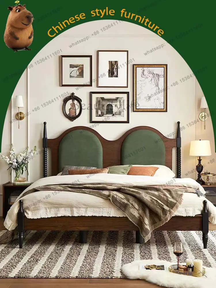 Solid wood double bed master bedroom big bed small apartment home high sense medium and ancient style