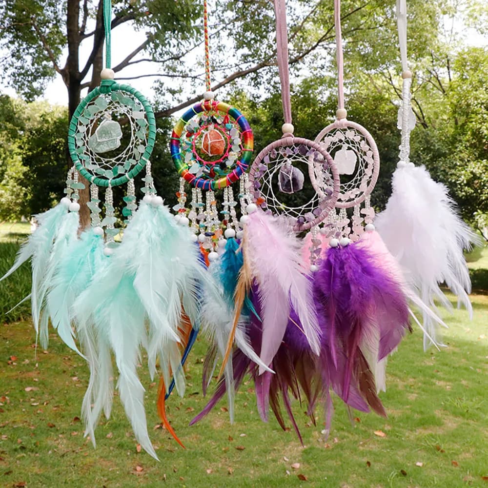 Natural Crystal Raw Stone Handmade Dream Catcher with Feathers Amethyst Black Tourmaline Healing Crystals Car Hanging Ornament