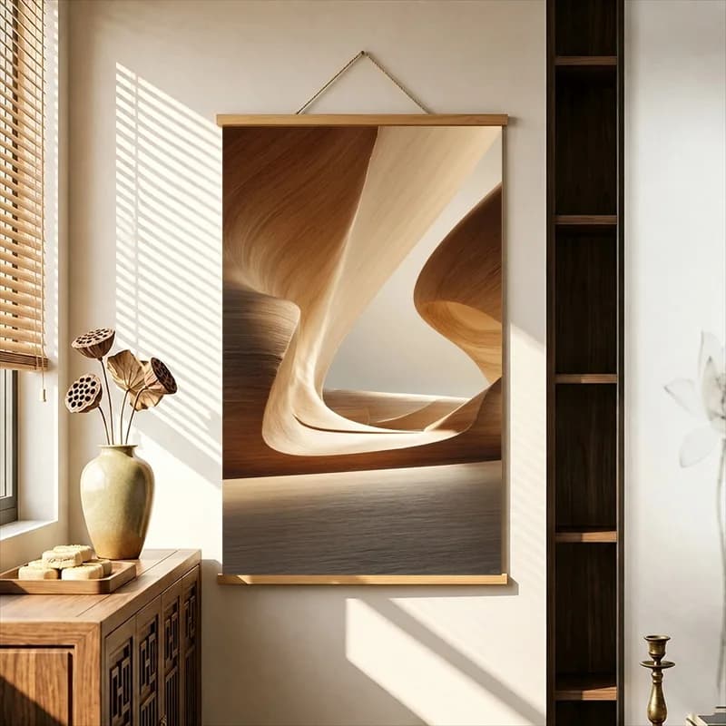 Aesthetic Wind through Natural Wood Grain Wabi Sabi Decor Pearlescent Canvas Hanging Scroll for Spa Room Decor