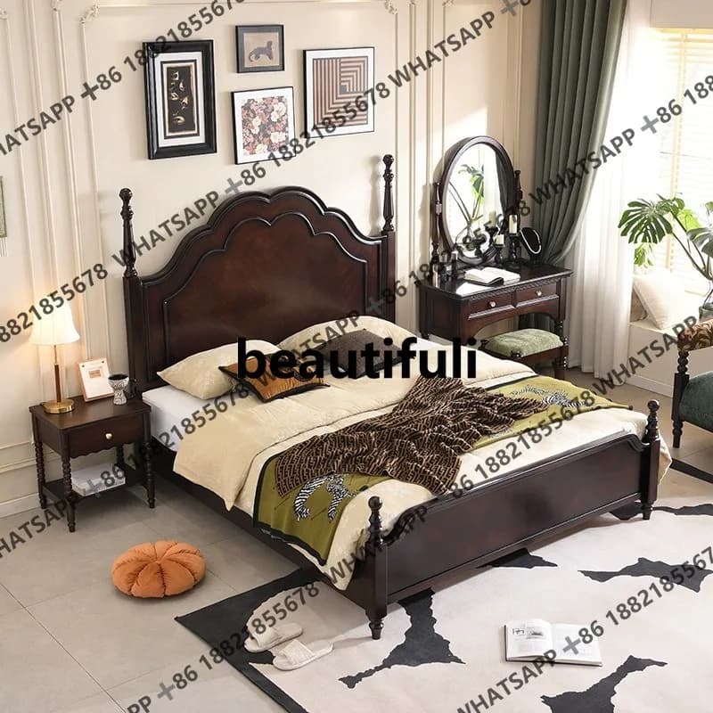 medieval solid wood, simple double bed, light luxury retro master bedroom, high box storage bed