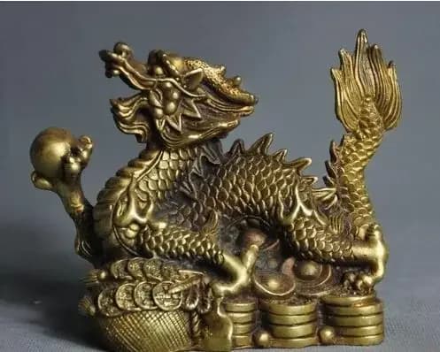 5" old chinese fengshui money coin yuanbao dragon play bead statue