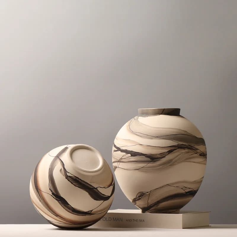 Chinese Ink‑Marbled Round Ceramic Vase Pottery Flower Container for Fresh Dried Flowers Home Model Room Desktop Decor Ornament