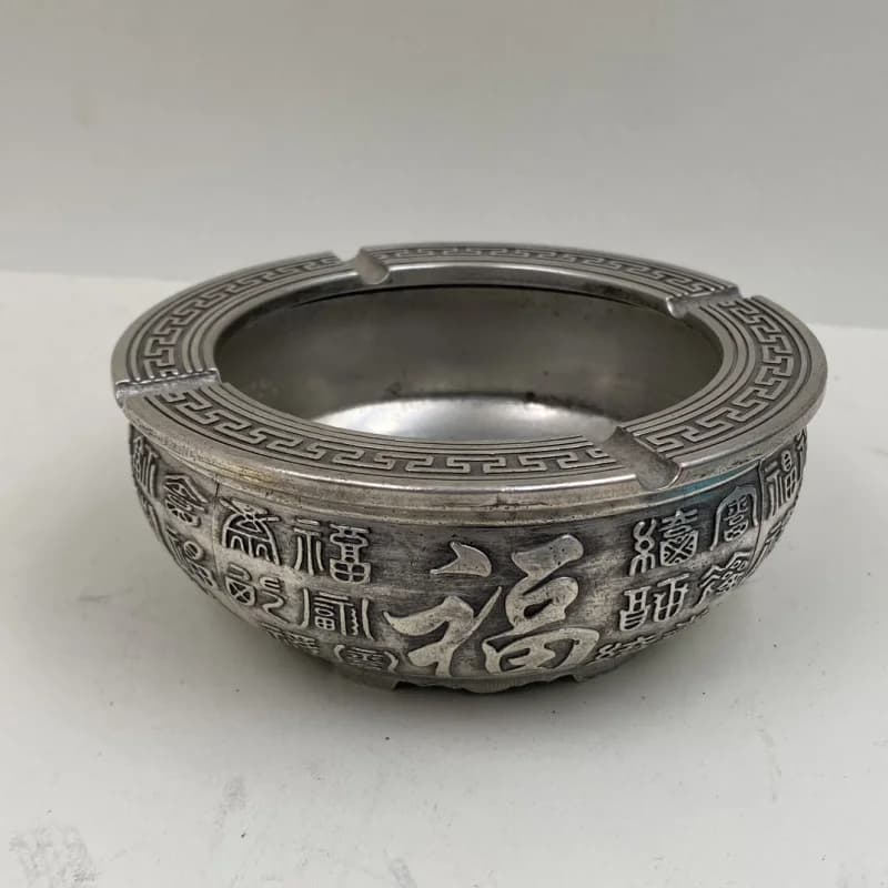 Antique Silver-Plated Toad Ashtray with "Fu" Character for Wealth and Fortune, Home Copper Craft Ornament