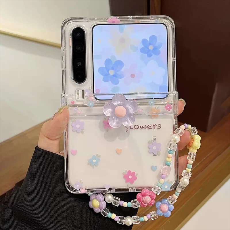 3D Rotatable Flower Clear Flip Case For Samsung Galaxy Z Flip 6 5 4 / Xiaomi Mix Flip Case Cute Colorful Floral Shockproof Cover