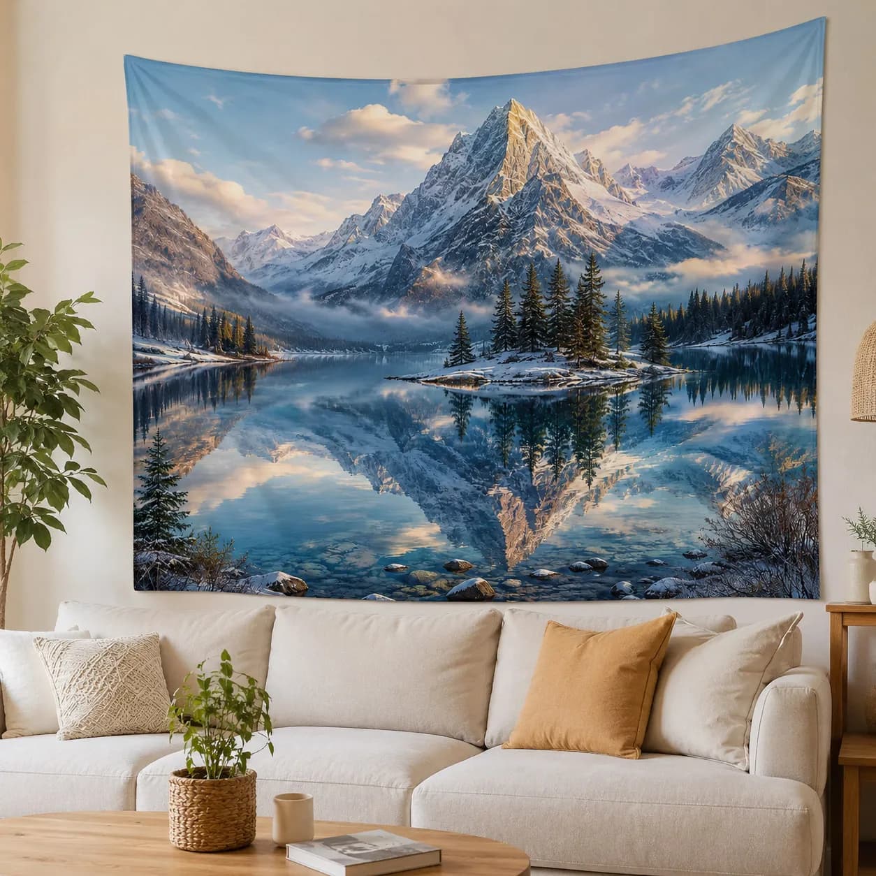 Aesthetic Snow Mountain Wall Tapestry Sunset Lake Wall Hanging Nature Landscape Backdrop Pine Tree Room Decor Fabric Tapestries