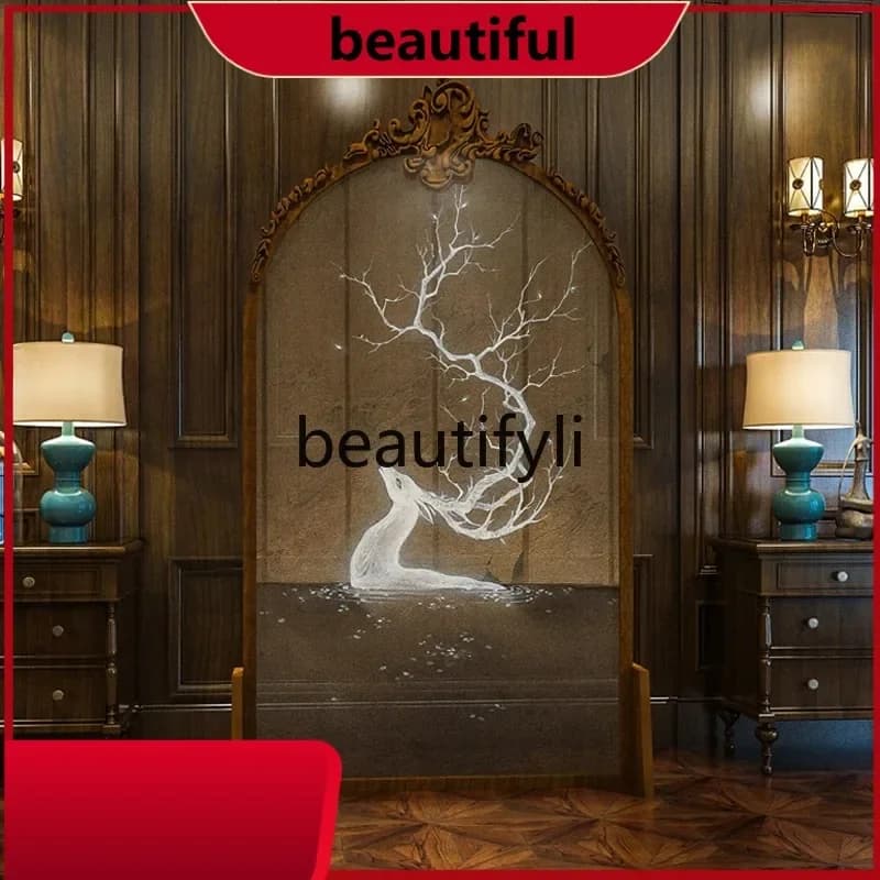 European simple solid wood carving flower screen partition living room study entrance hollow home decoration screen H
