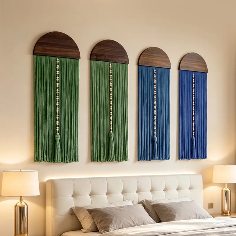 Macrame Wall Hanging Wooden Arch Top Tassel Tapestry with Beads, Boho Home Decor for Bedroom Living Room Wall Art.