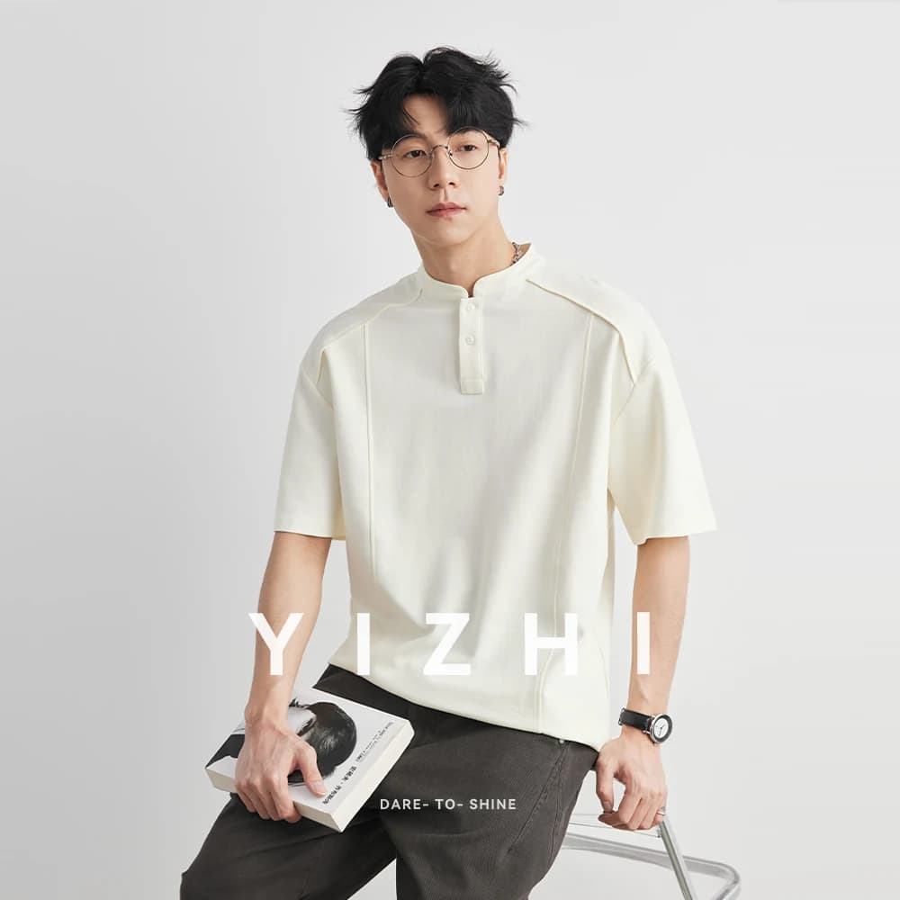Men's 40S Double-sided Cotton New Chinese Style Henley Neck T-Shirt Summer Solid Color Loose Casual Versatile Short Sleeve