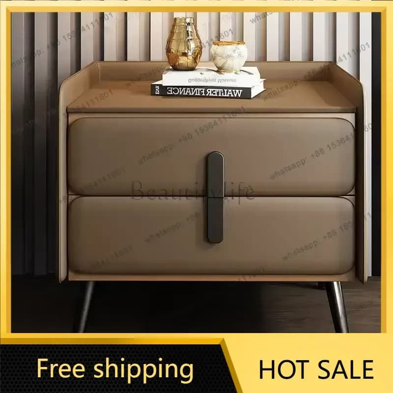 LDLeather Nightstand with Double Drawers, Modern Minimalist Bedside Table with Metal Legs, Stylish Storage Cabinet for Bedroom