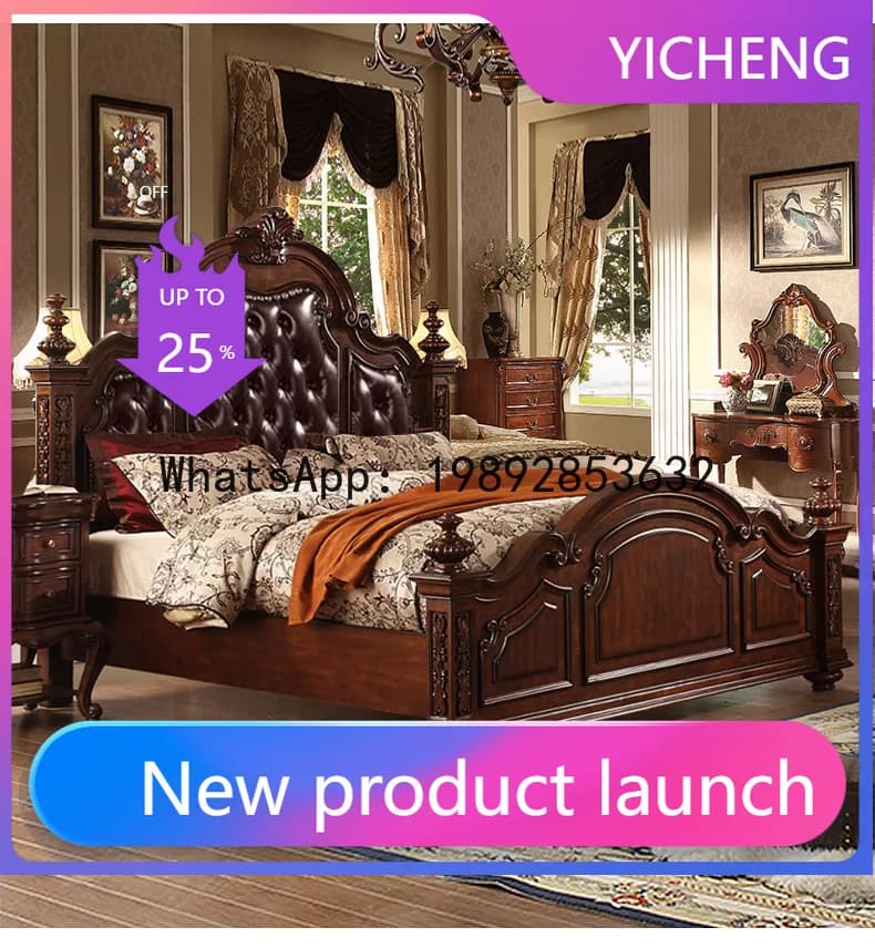 Hys genuine leather double bed master bedroom american retro solid wood carved king size bed villa hotel furniture
