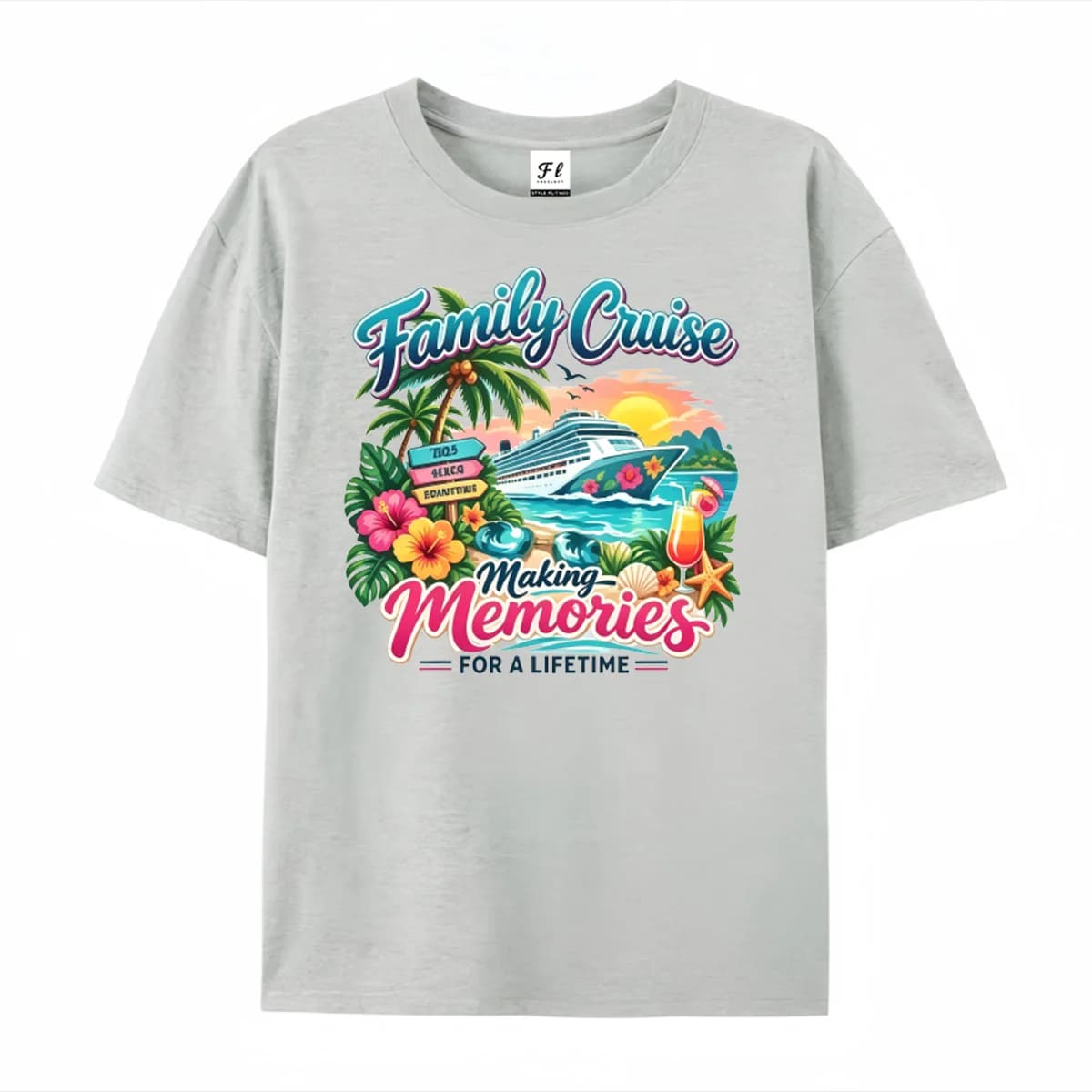 Family Cruise Making Memories For A Lifetime Graphic Short Sleeve T‑Shirt Tropical Vacation Ship Flower Beach Print Casual Tops