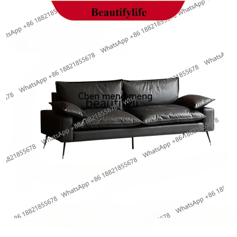 z183  Medieval black leather sofa straight row living room first layer cowhide retro Bauhaus double small apartment sofa