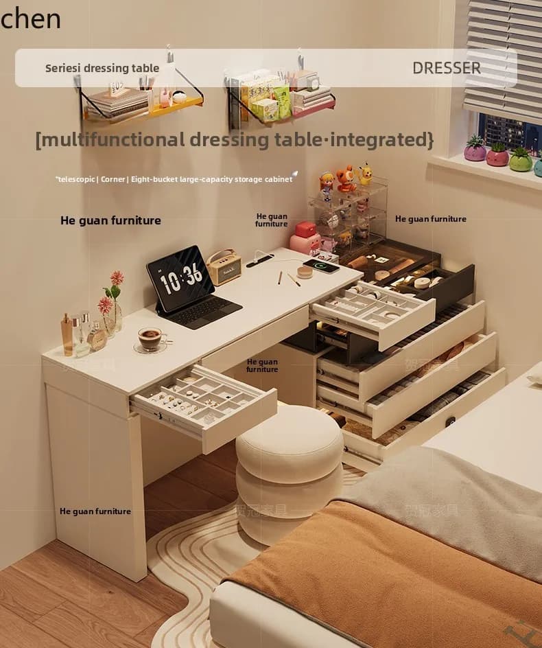 Makeup Table Multifunctional Dressing Table Computer Desk Storage Cabinet Integrated Drawer with Lock Cream Style Solid Wood
