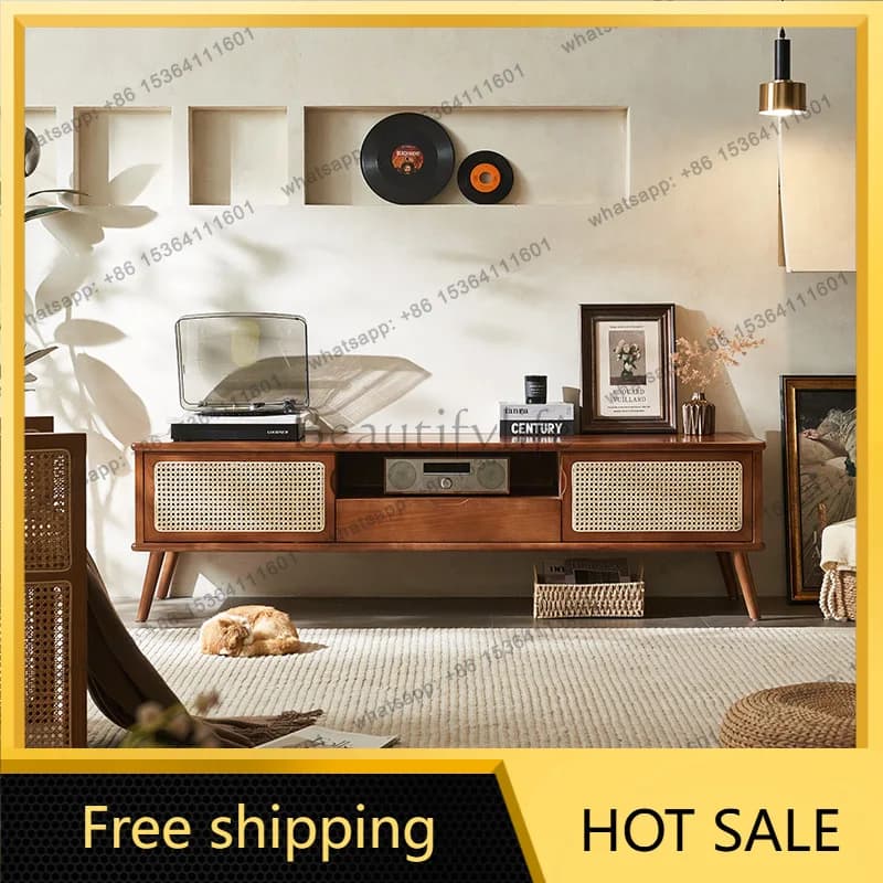FG Japanese solid wood rattan TV cabinet retro floor cabinet integrated against the wall
