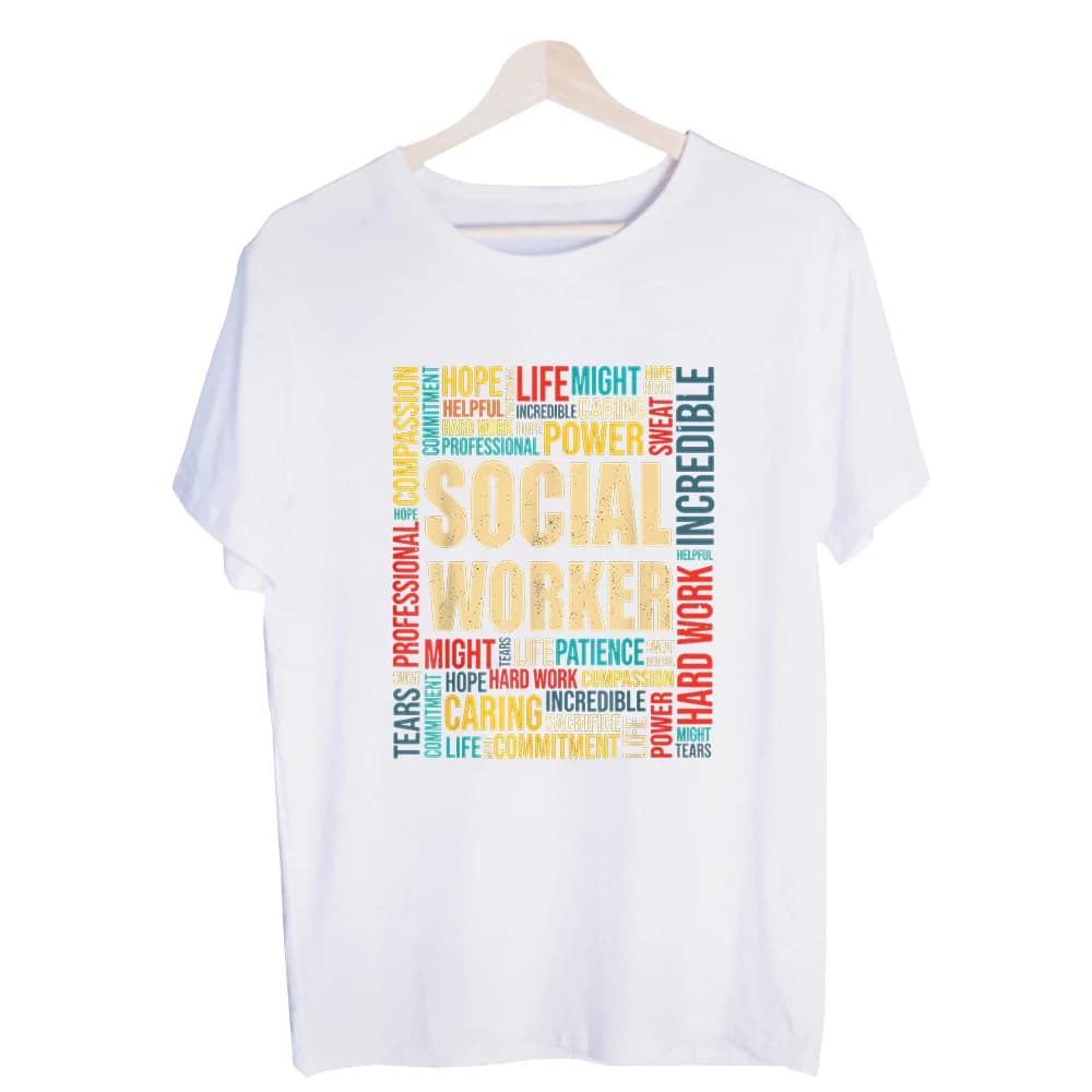 Social Worker Typography Print Graphic Tee, Short Sleeve Crew Neck T-Shirt for Professional Casual Wear and Daily Outfits