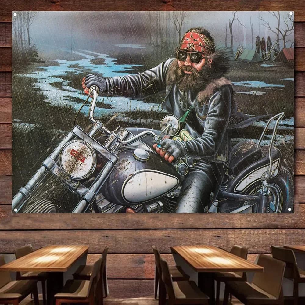 Riding in Rain Motorcycle Flag Banner Retro Wall Decor Poster Car Painting For Garage Man Cave Bar Club Pub Gift for Cyclists