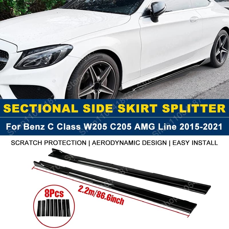 2.2M/86.6" Side Skirts Extension Rocker Panel Splitter For Mercedes Benz C Class W205 C205 AMG Line 2015-2021 (4DR/2DR)