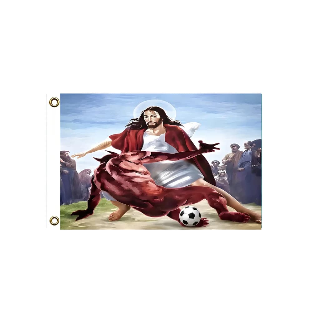 Jesus Vs Devil Soccer Football Meme Flag 2x3ft 3x5ft Polyester Banner Funny Religious Art Wall Hanging Garage Room Decor