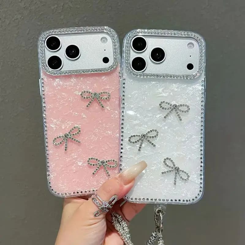 Coquette Crystal Sparkling Rhinestone Bow Phone Case for 17 Pro Max Fairy Pearl Hand Strap Protective Cover for iPhone 16 15 14