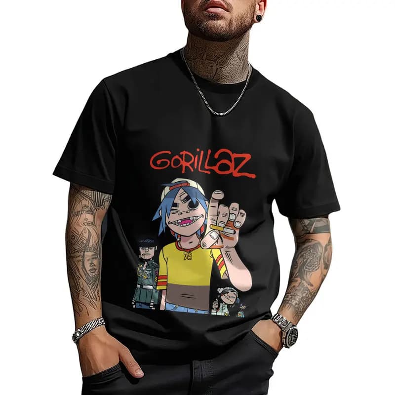 Gorillaz Virtual Rock Band Graphic T‑shirt Unisex Vintage Y2K Tee Hip Hop Streetwear 0824 Casual Cotton Tops S-6XL Fan Gift