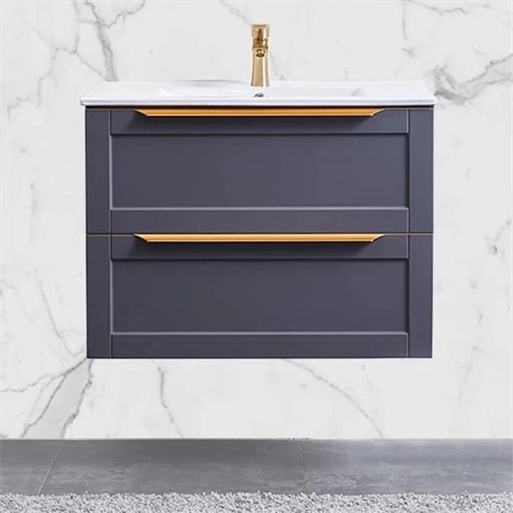 Modern Navy Blue Wall Mounted Bathroom Cabinet with Water-Resistant Ceramic Basin for Hotels Apartments Villas