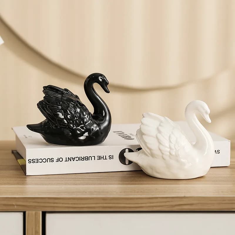 A Pair of Black and White Couple Swan Home Decor Figurines, Ceramic Decorations, Wedding Gift Accessories