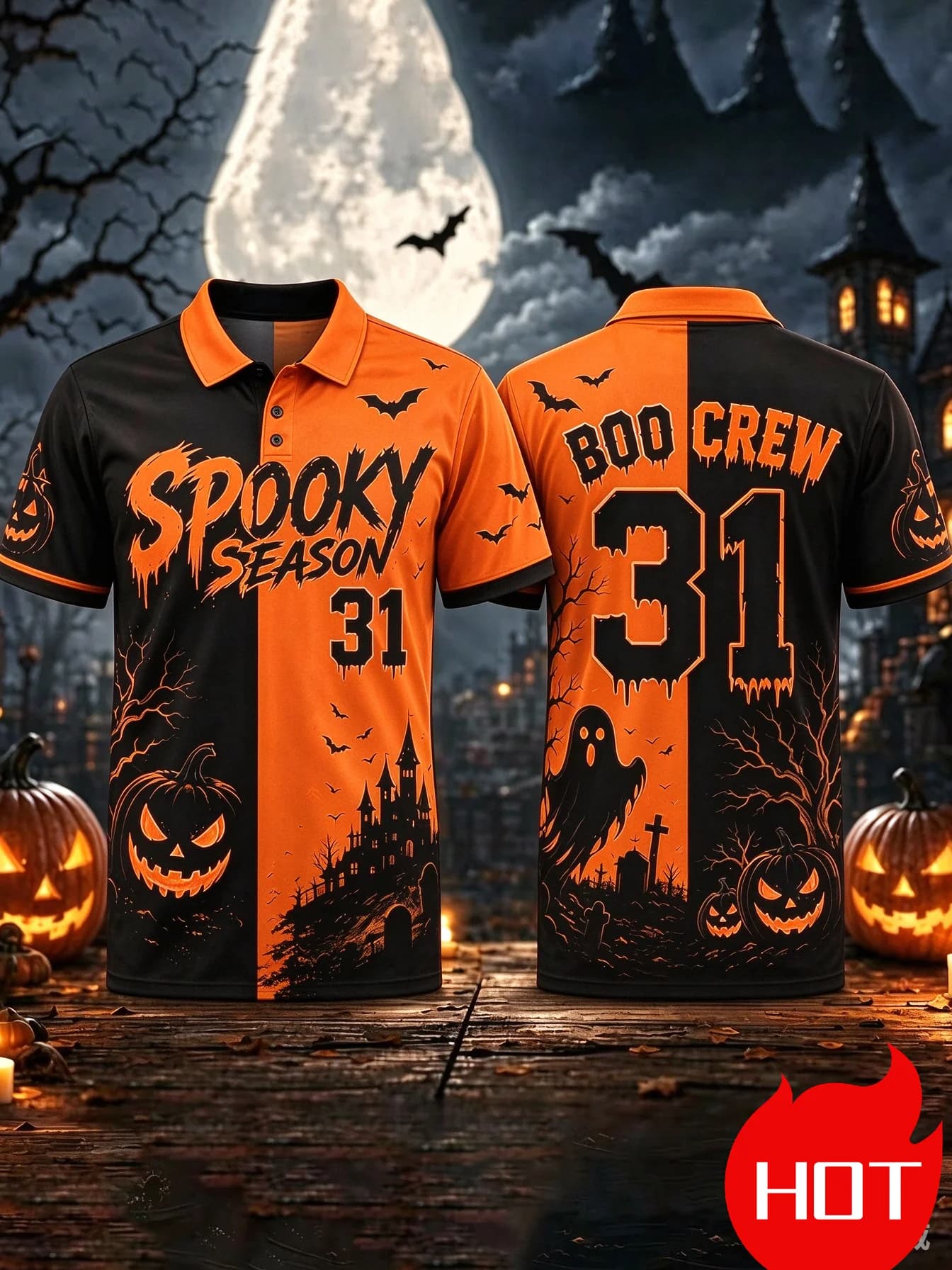 Halloween Yellow Black 3D Printed Jersey Spooky Season Boo‑Crew 31 Men's Polo Pumpkin Ghost Bat Gothic Fall Party Sports Shirts