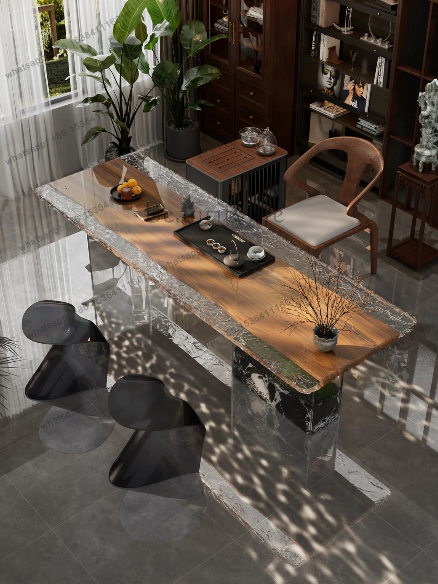 PG light luxury modern new Chinese style natural resin solid wood tea table tea table high-end villa living room tea table