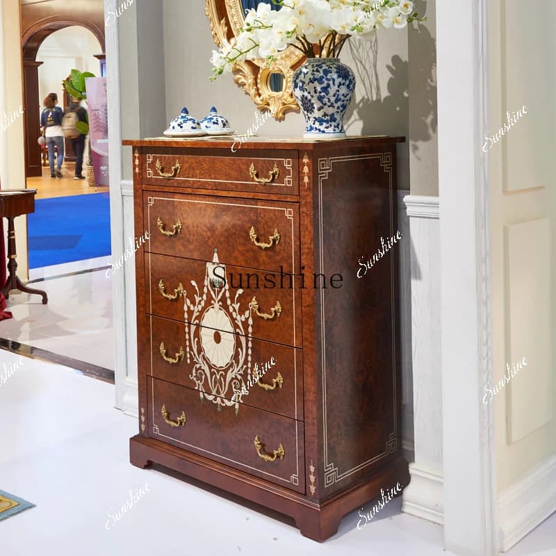 Mahogany core wood bedroom corner cabinet neoclassical shell inlaid multi-bucket cabinet furniture  FT