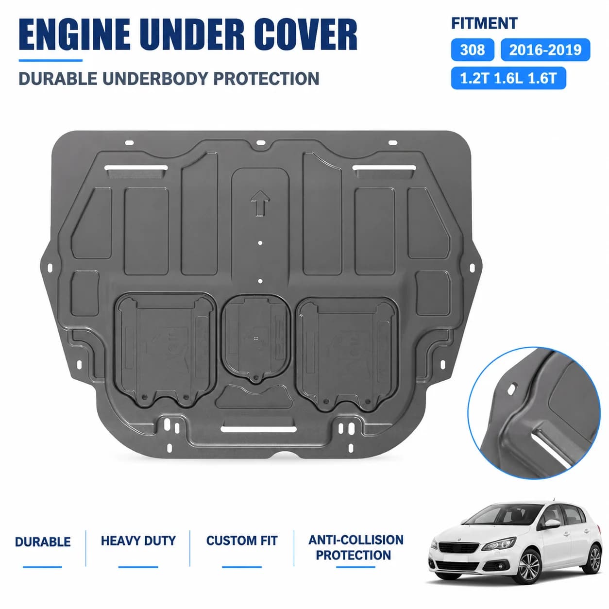 Custom Fit Under Engine Shield For Peugeot 308 2016-2019 1.2T 1.6L 1.6T Heavy Duty Anti Collision Design Road Debris Defense
