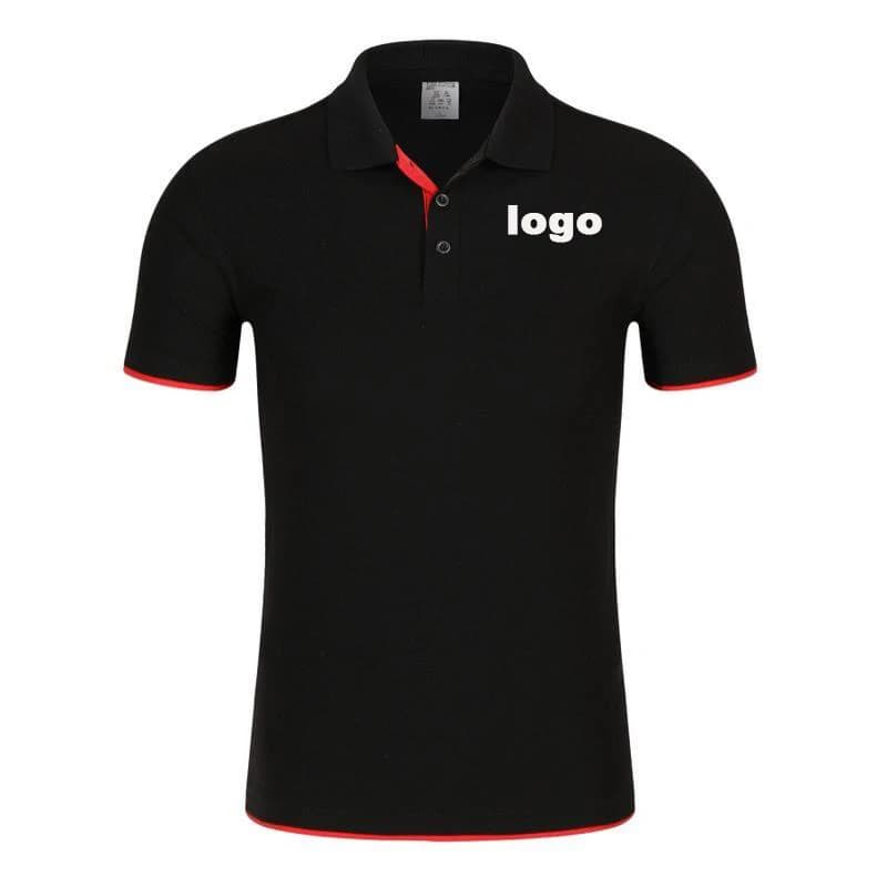 Unisex Custom Embroidered Logo Polo Shirt Black With Red Cuff Placket Hem Trim Short Sleeve Lapel Business Uniform Summer Breath
