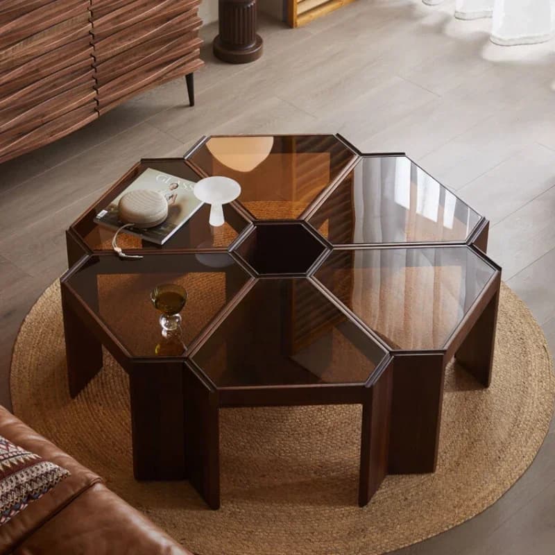 LXCreative Black Walnut Wooden Tea Table Combination Nordic Modern Minimalist Solid Wood Free Glass Side TableSSS