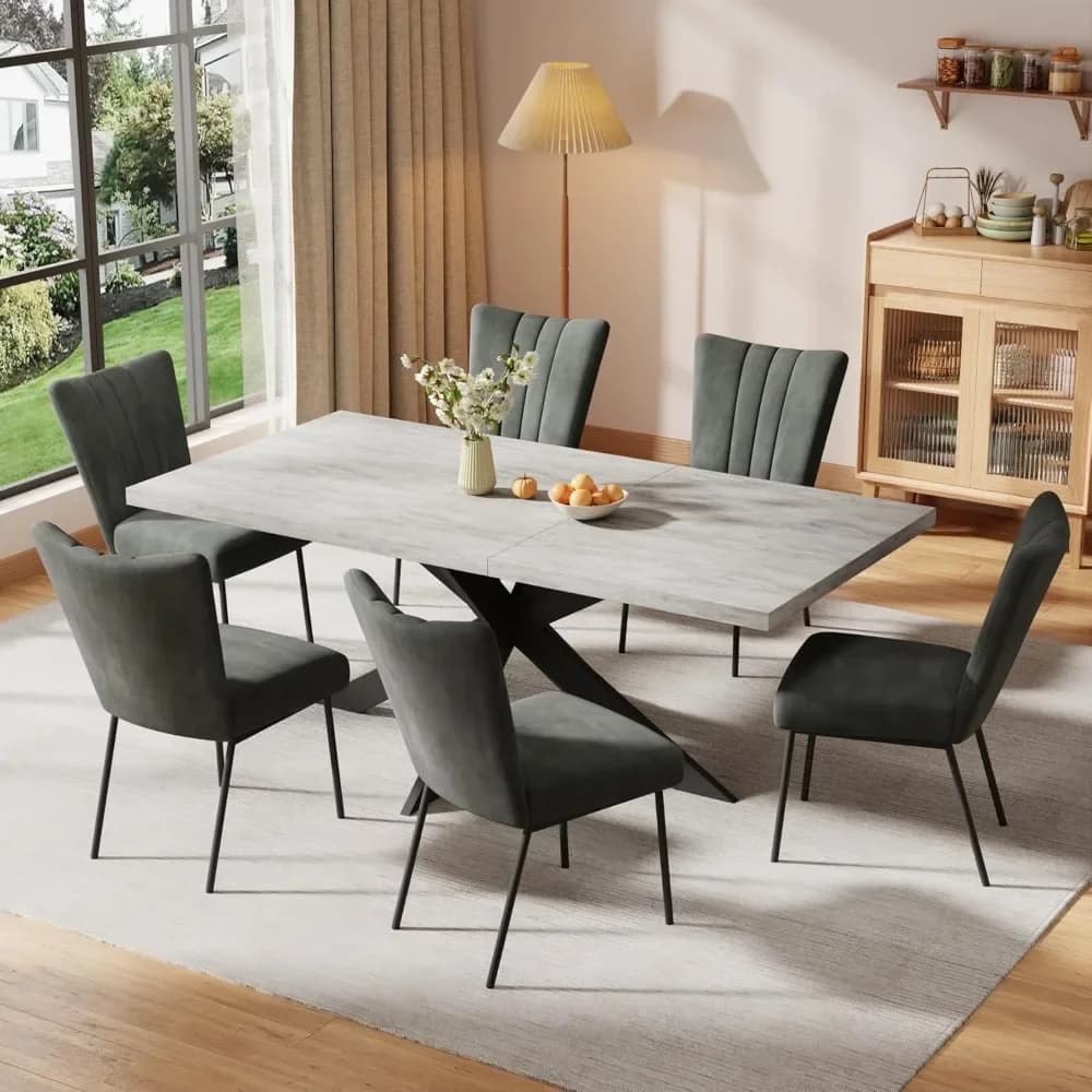 6-Piece Extendable, Modern 51''–67'' Grey Wood Table with 6 Black Fabric Chairs