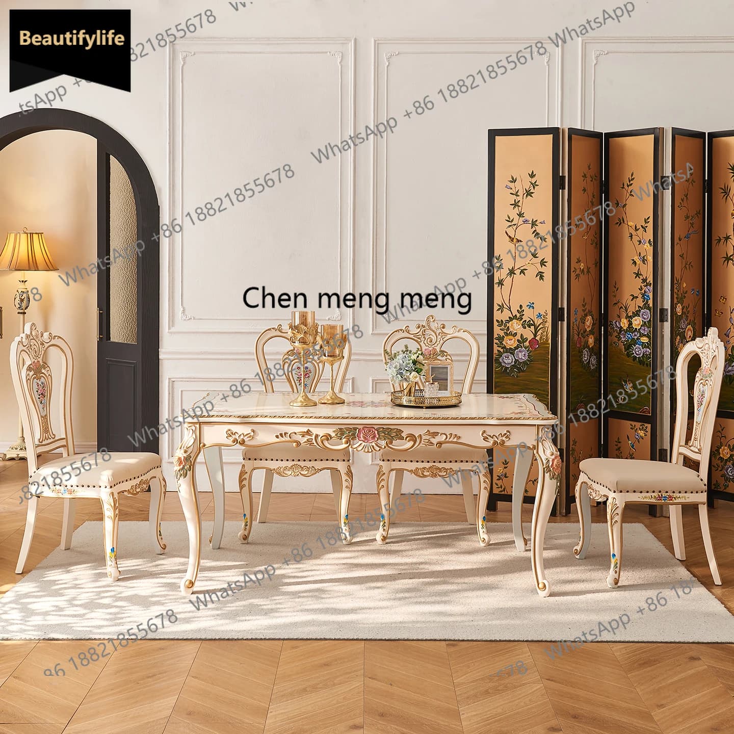 A139 French palace restaurant all solid wood carving hand-painted flowers European-style villa dining table and chair combinatio