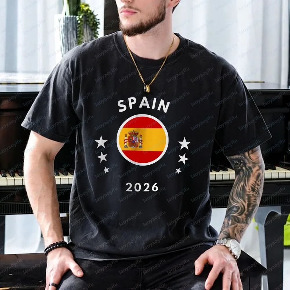 Spain 2026 Flag Tee Spain Football Soccer Cotton T-Shirt Patriotic Fan Casual Tops Soccer Part Supplies Summer Men's Clothing