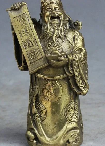 Chinese Brass Dragons Robe Fortune Mammon Money Wealth God Yuan Bao RuYi StatUE