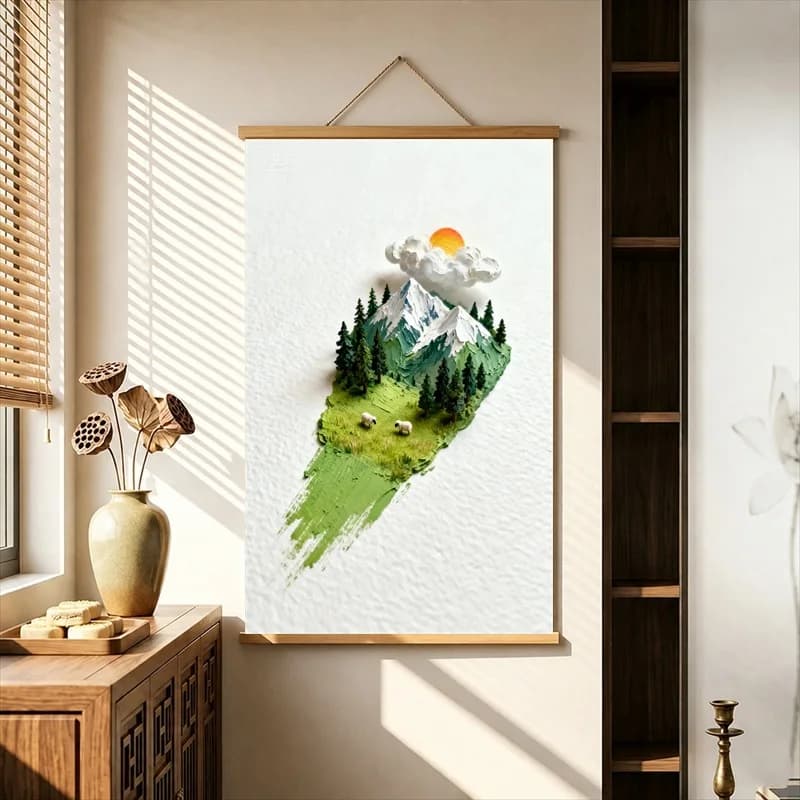 Room Decor Aesthetic Soft Gouache Hills and Flowers, Pearlescent Canvas Hanging Scroll for Childrens Bedroom Accent