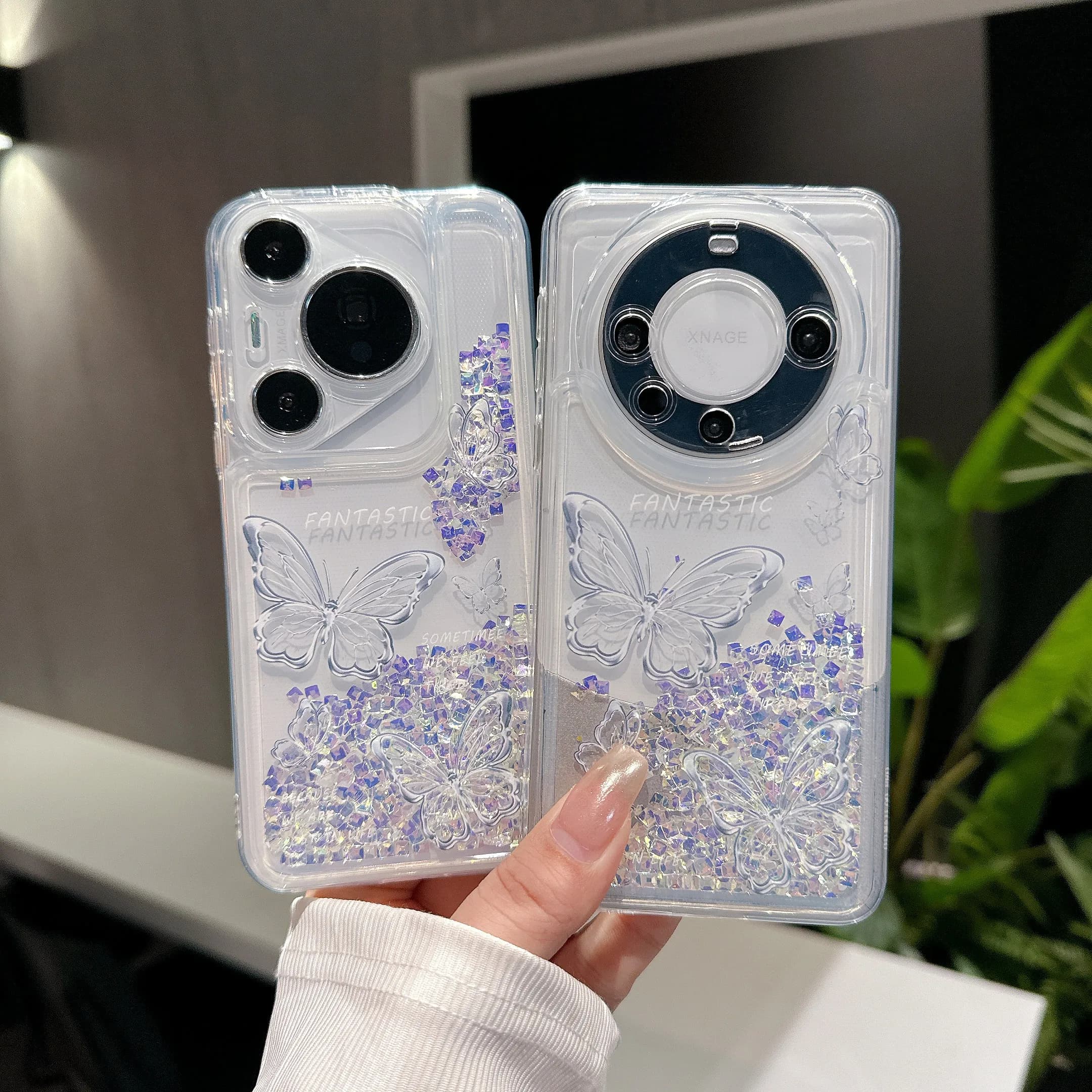 Shockproof Clear Glitter Quicksand Case for Huawei Pura 70 Pro 80 Pro Mate70Pro, Butterfly Bling Sequins Soft Phone Cover Funda