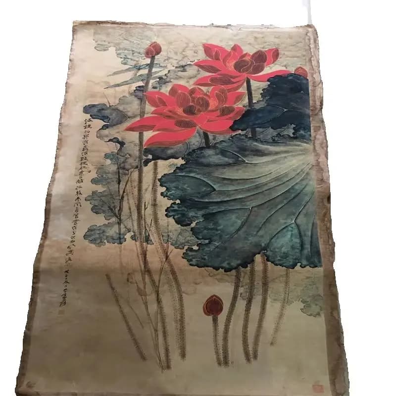 Collection Of Chinese Old Scroll Rice Paper Painting Slice,Zhang Daqian's Golden Thread Lotus