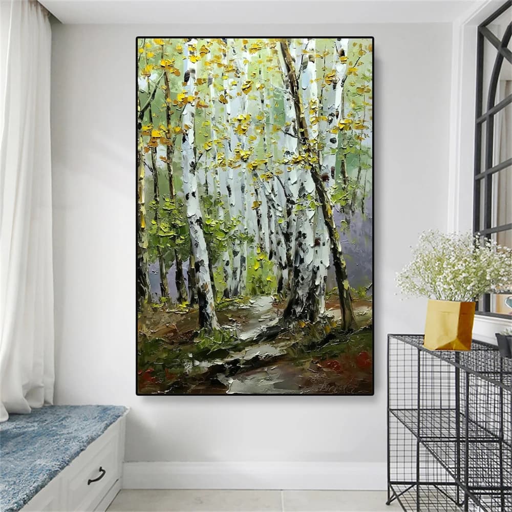 Modern Textured Fall Birch Forest Poster Large Birch Trees Oil Painting Prints Canvas Painting Home Living Room Wall Art Decor